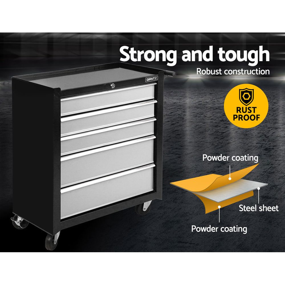5 Drawer Tool Box Storage Trolley Black/Grey