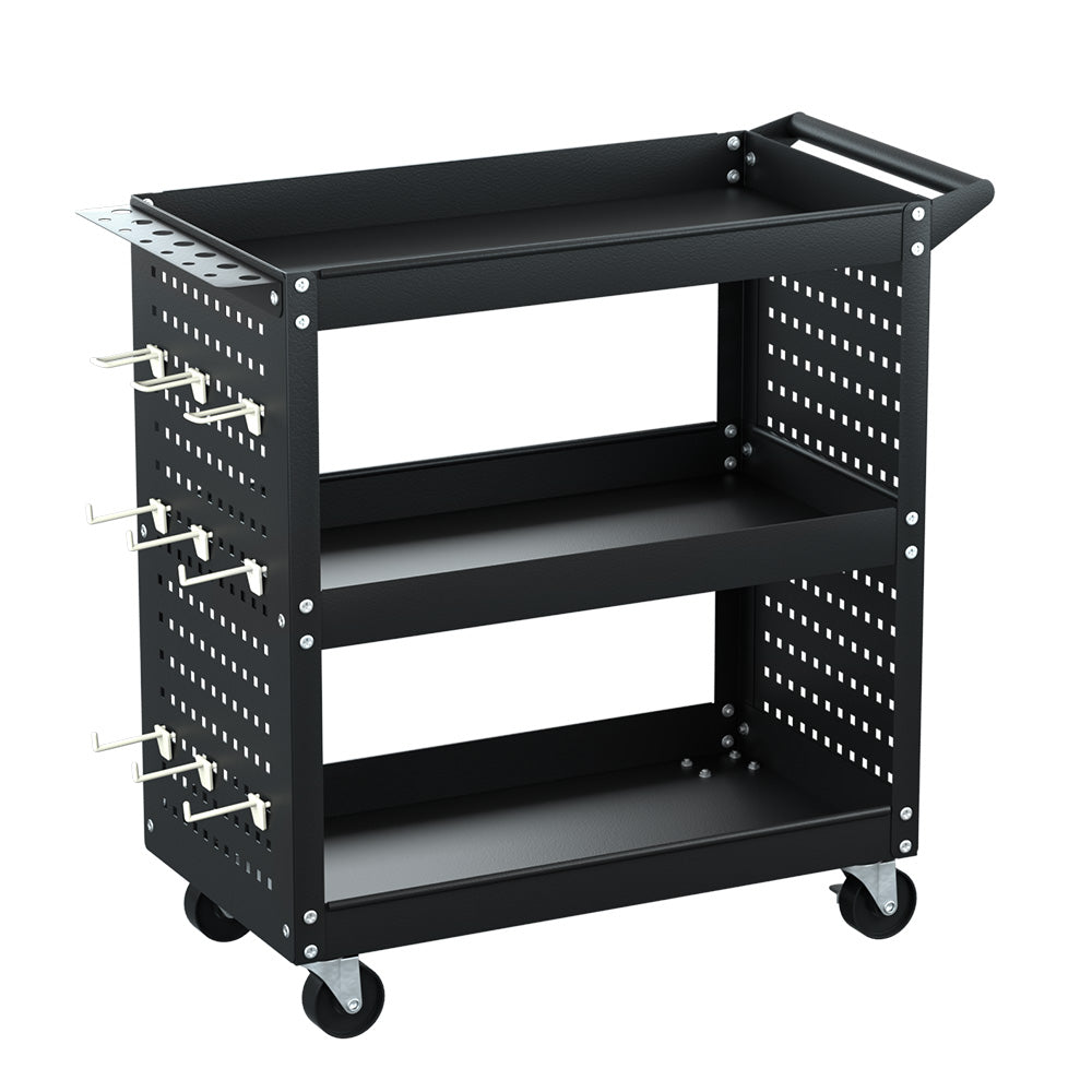 3-Tier Tool Cart Storage Trolley with Pegboard Black