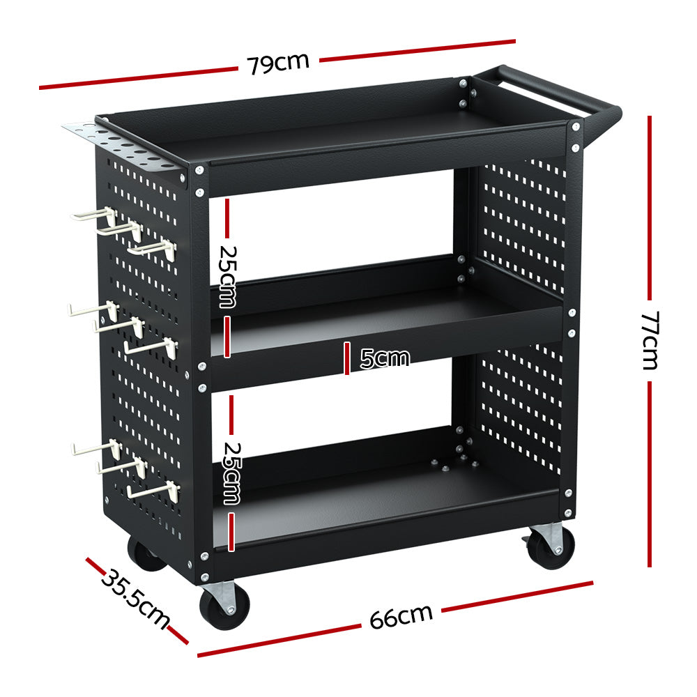 3-Tier Tool Cart Storage Trolley with Pegboard Black