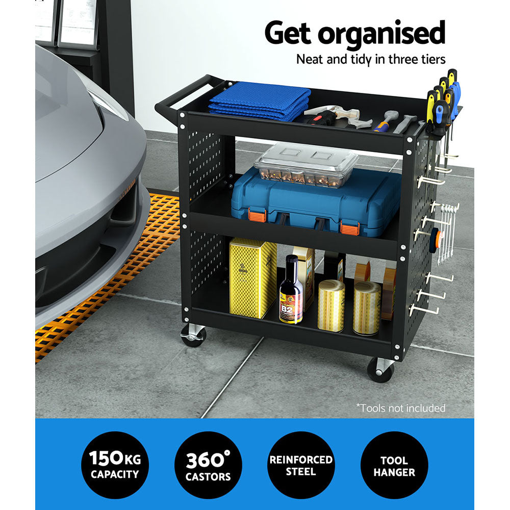 3-Tier Tool Cart Storage Trolley with Pegboard Black