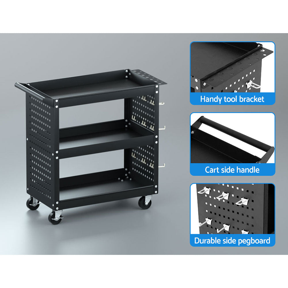 3-Tier Tool Cart Storage Trolley with Pegboard Black