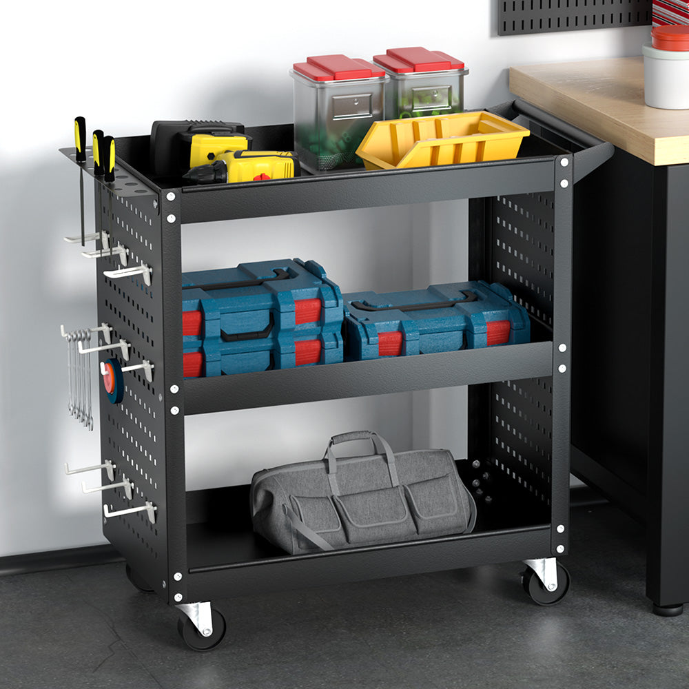 3-Tier Tool Cart Storage Trolley with Pegboard Black