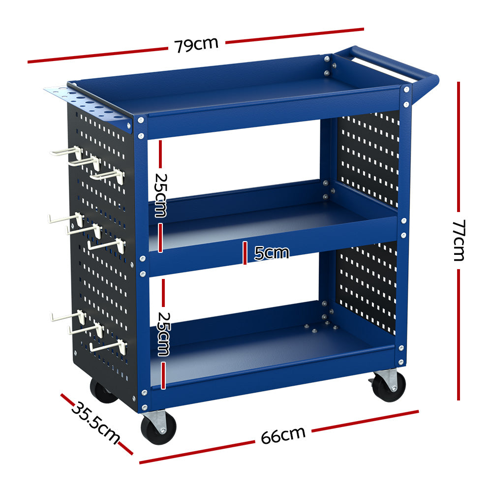 3-Tier Tool Cart Storage Trolley with Pegboard Blue