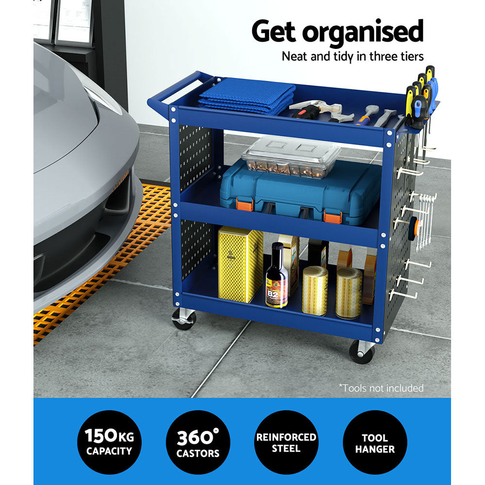 3-Tier Tool Cart Storage Trolley with Pegboard Blue