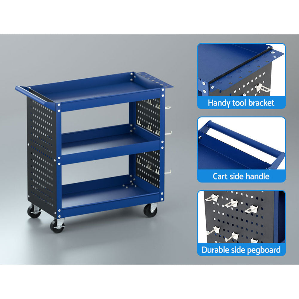 3-Tier Tool Cart Storage Trolley with Pegboard Blue