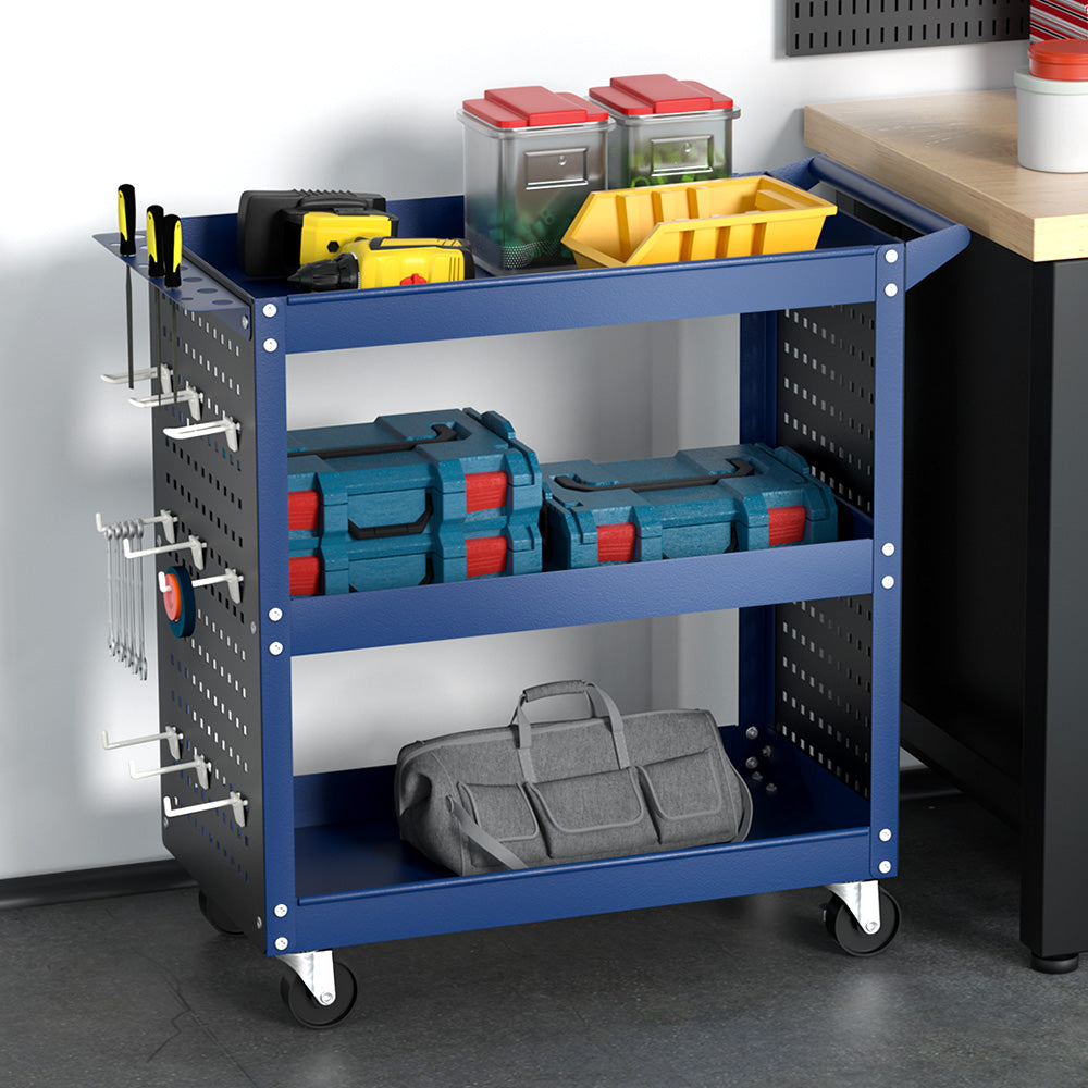 3-Tier Tool Cart Storage Trolley with Pegboard Blue