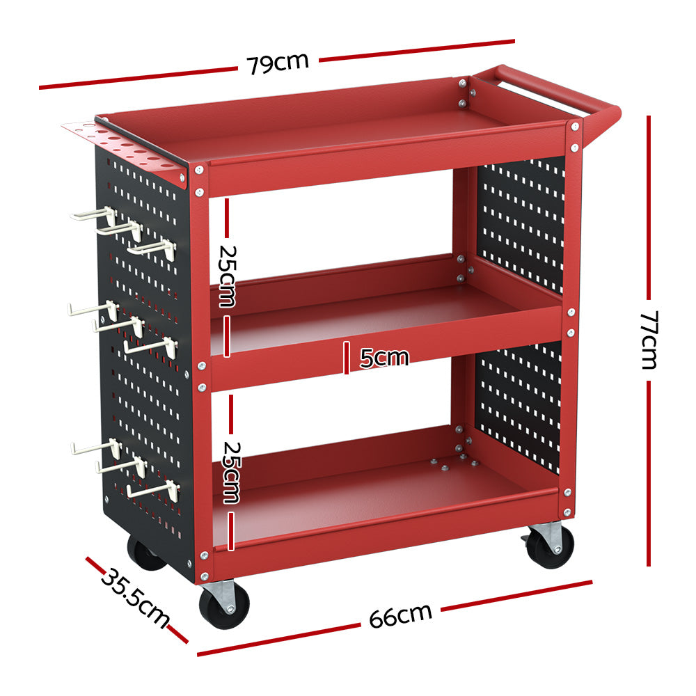 3-Tier Tool Cart Storage Trolley with Pegboard Red