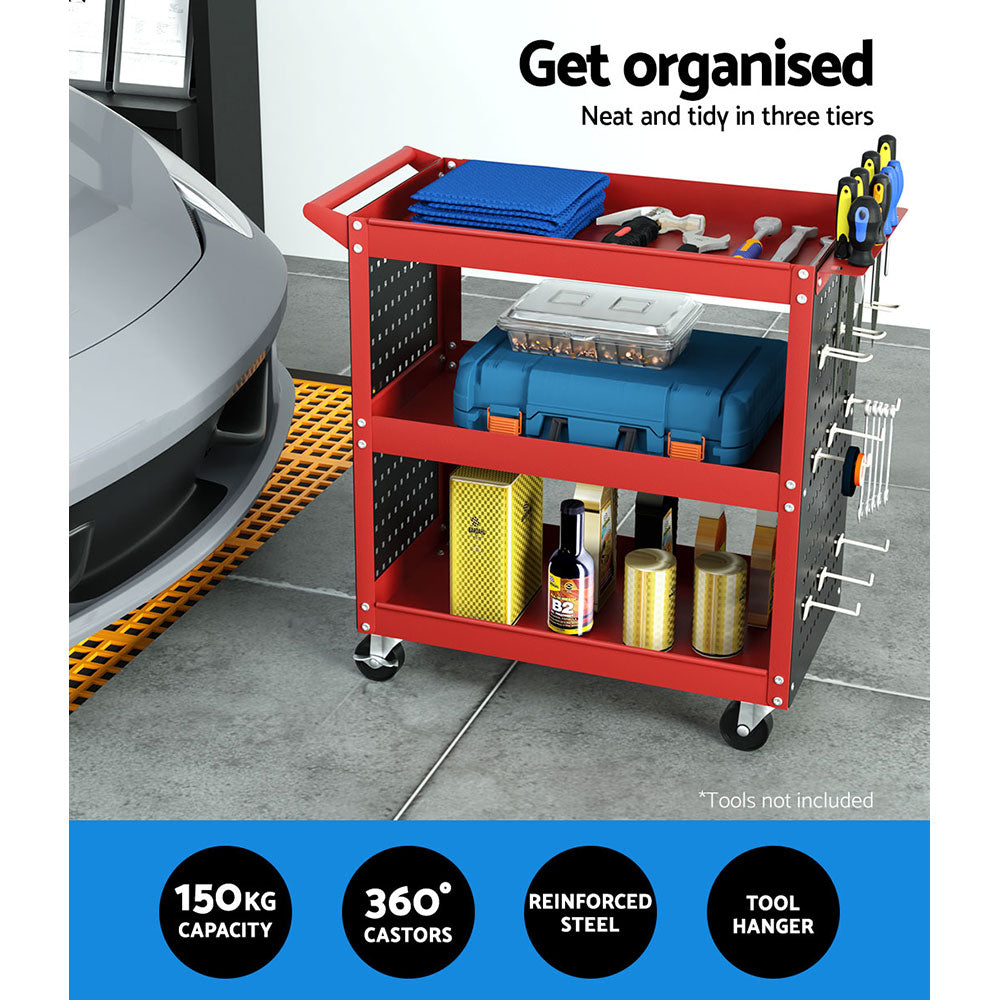3-Tier Tool Cart Storage Trolley with Pegboard Red
