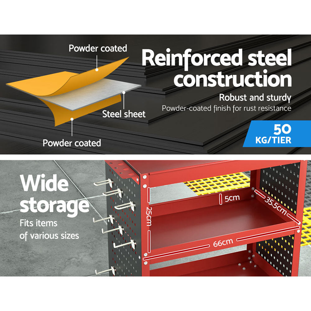 3-Tier Tool Cart Storage Trolley with Pegboard Red