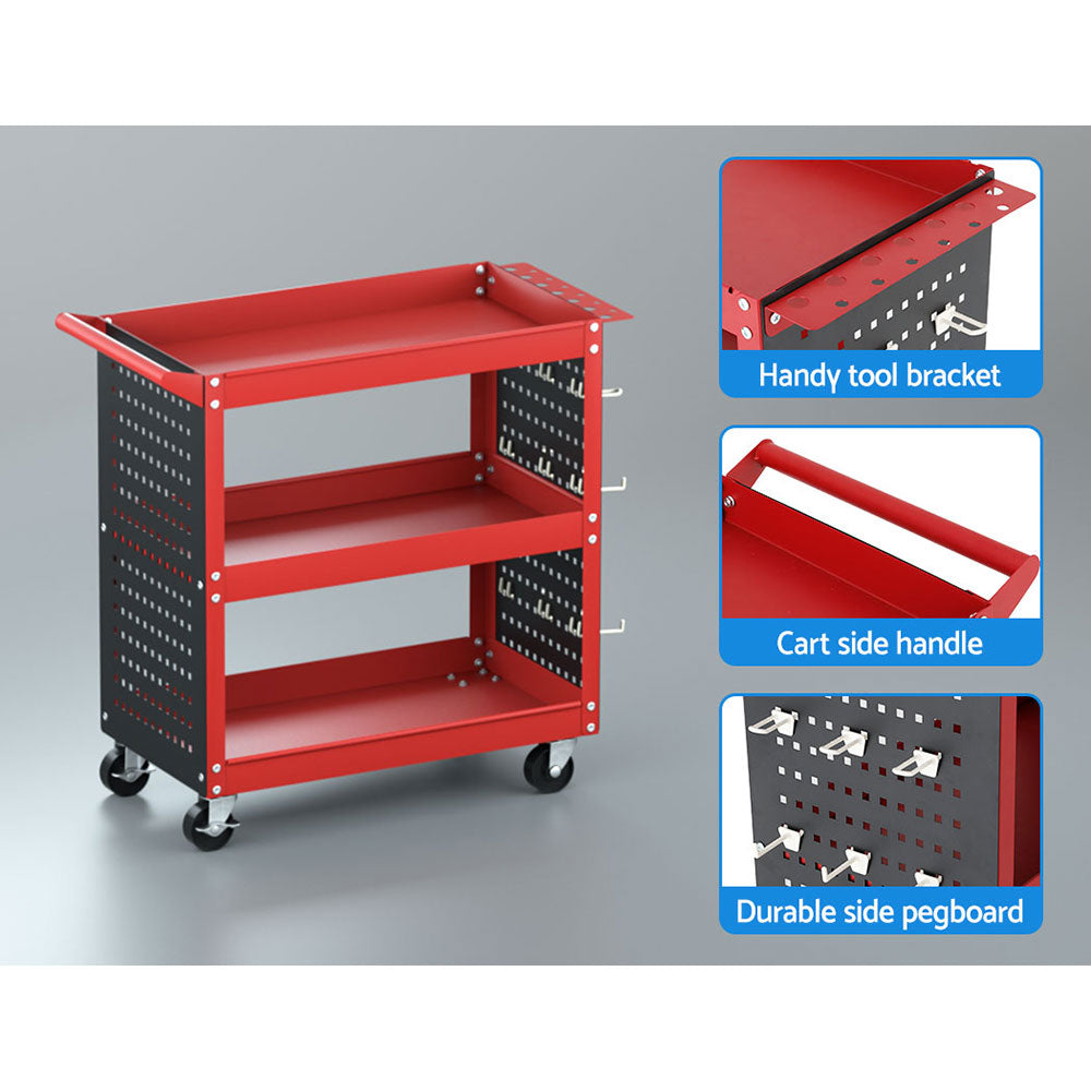 3-Tier Tool Cart Storage Trolley with Pegboard Red