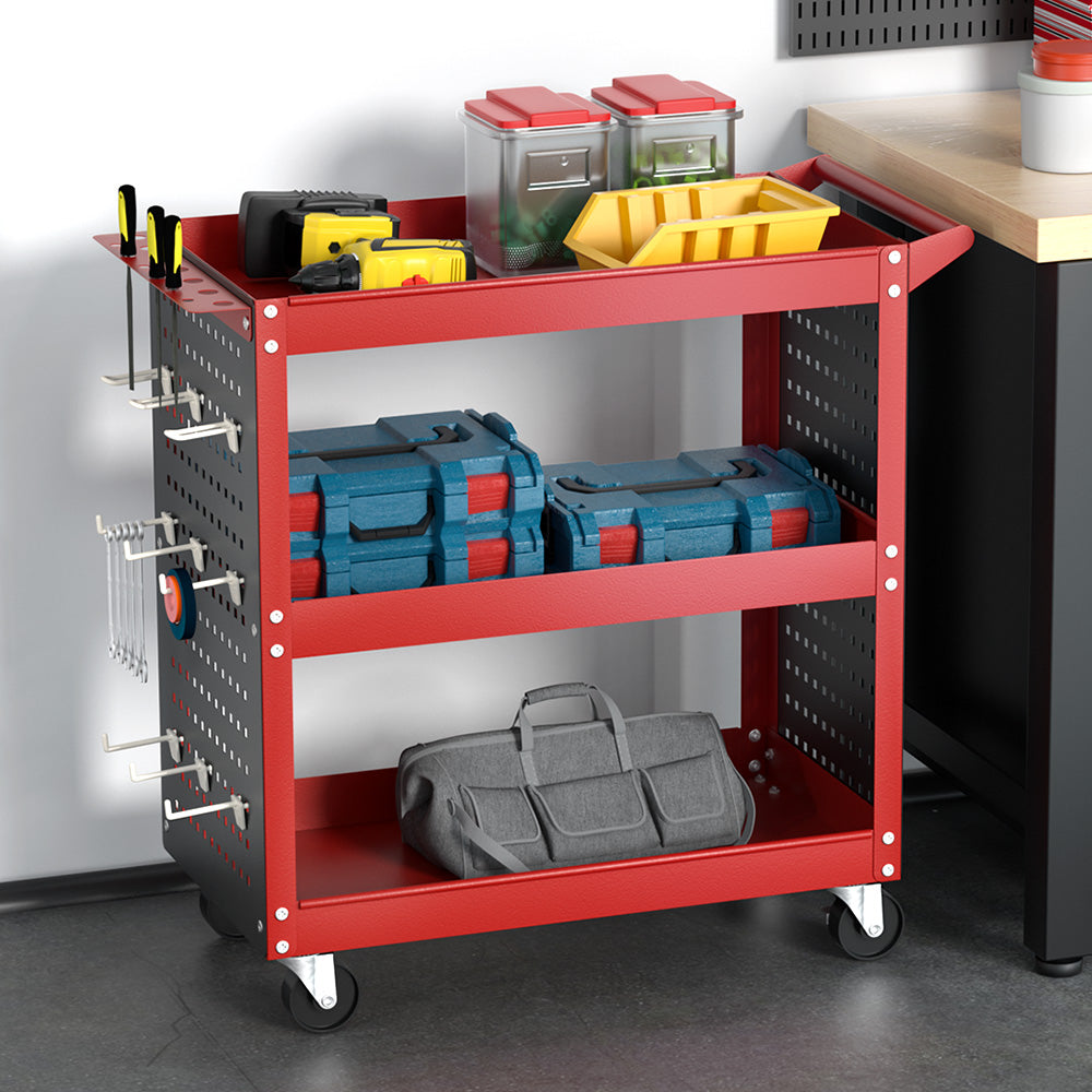 3-Tier Tool Cart Storage Trolley with Pegboard Red