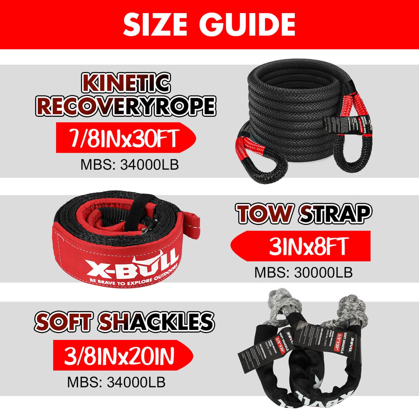 X-BULL Recovery Kit 2 - Kinetic Rope, Snatch Strap, Hitch Receiver, Soft Shackles, Winch Dampener