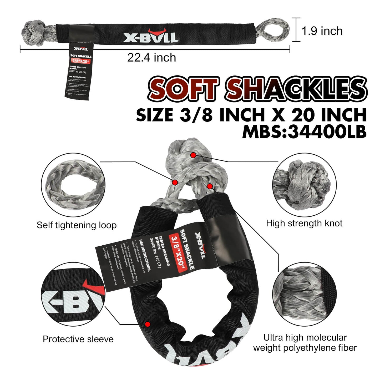 X-BULL Recovery Kit 2 - Kinetic Rope, Snatch Strap, Hitch Receiver, Soft Shackles, Winch Dampener