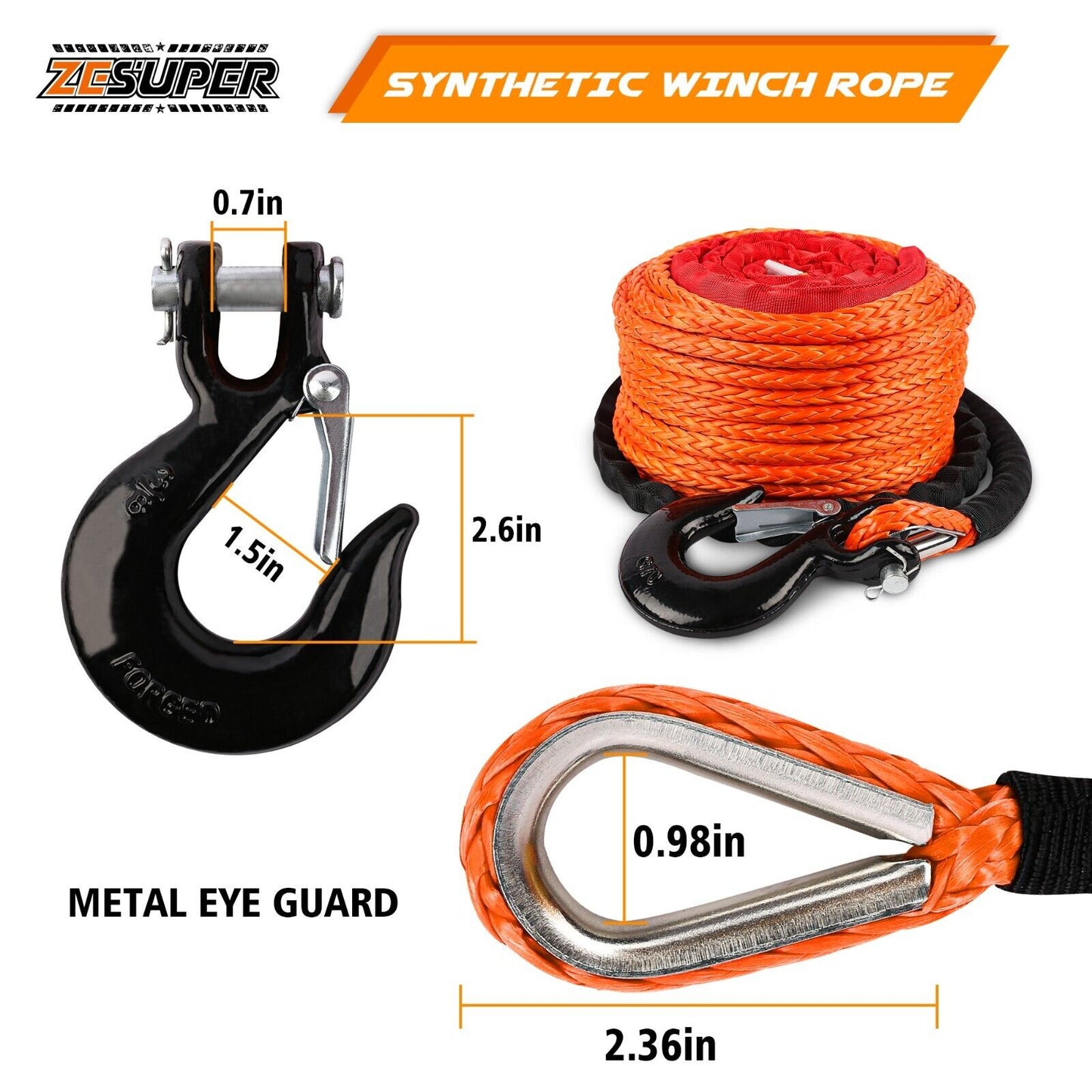 Synthetic Winch Rope 9.5MM X 30M Dyneema with Hook