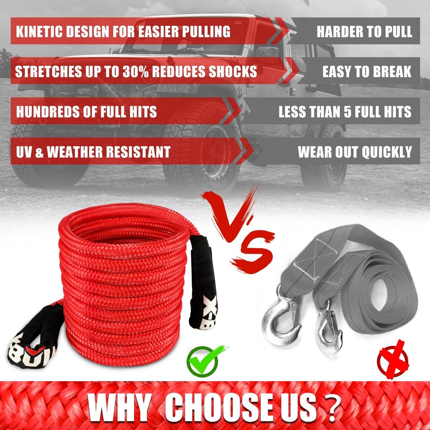 X-BULL 30,000lbs Kinetic Rope + 2x Soft Shackles