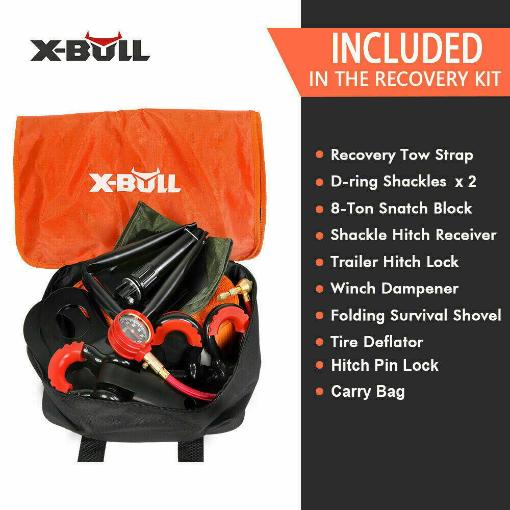 X-BULL Recovery Kit 3 - Tow Strap, D Shackles, Snatch Block, Winch Dampener, Shovel, Tyre Deflator, Hitch Receiver