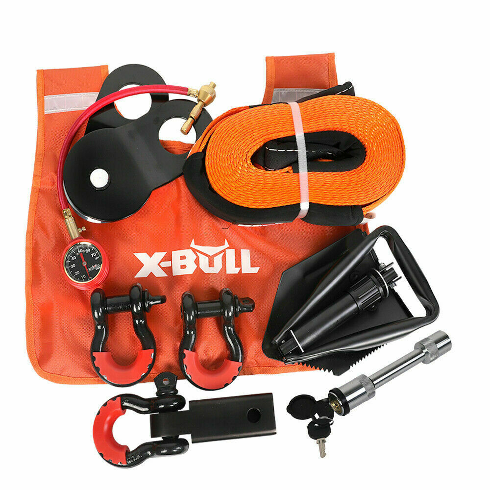 X-BULL Recovery Kit 3 - Tow Strap, D Shackles, Snatch Block, Winch Dampener, Shovel, Tyre Deflator, Hitch Receiver