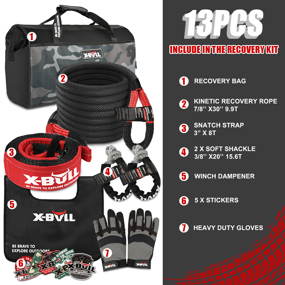 X-BULL Recovery Kit 1 - Kinetic Rope, Snatch Strap, Soft Shackles, Winch Damper, Gloves