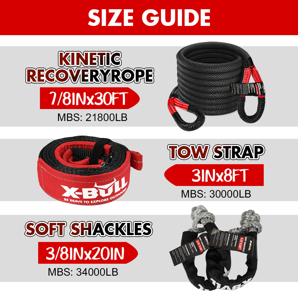X-BULL Recovery Kit 1 - Kinetic Rope, Snatch Strap, Soft Shackles, Winch Damper, Gloves
