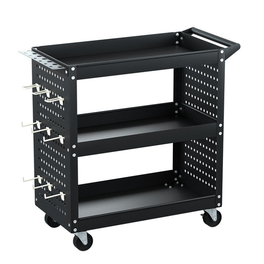 3-Tier Tool Cart Storage Trolley with Pegboard Black