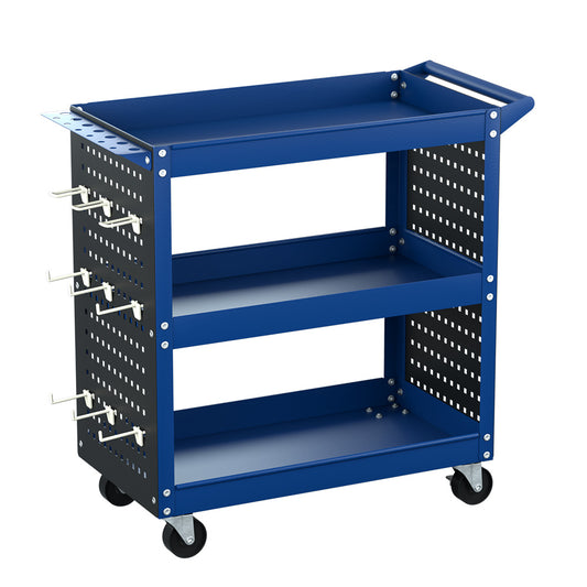 3-Tier Tool Cart Storage Trolley with Pegboard Blue