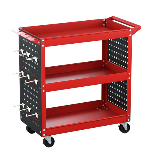 3-Tier Tool Cart Storage Trolley with Pegboard Red