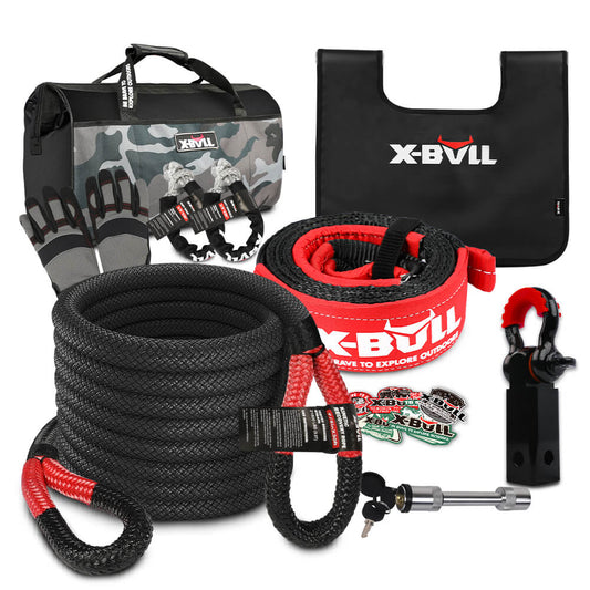 X-BULL Recovery Kit 2 - Kinetic Rope, Snatch Strap, Hitch Receiver, Soft Shackles, Winch Dampener