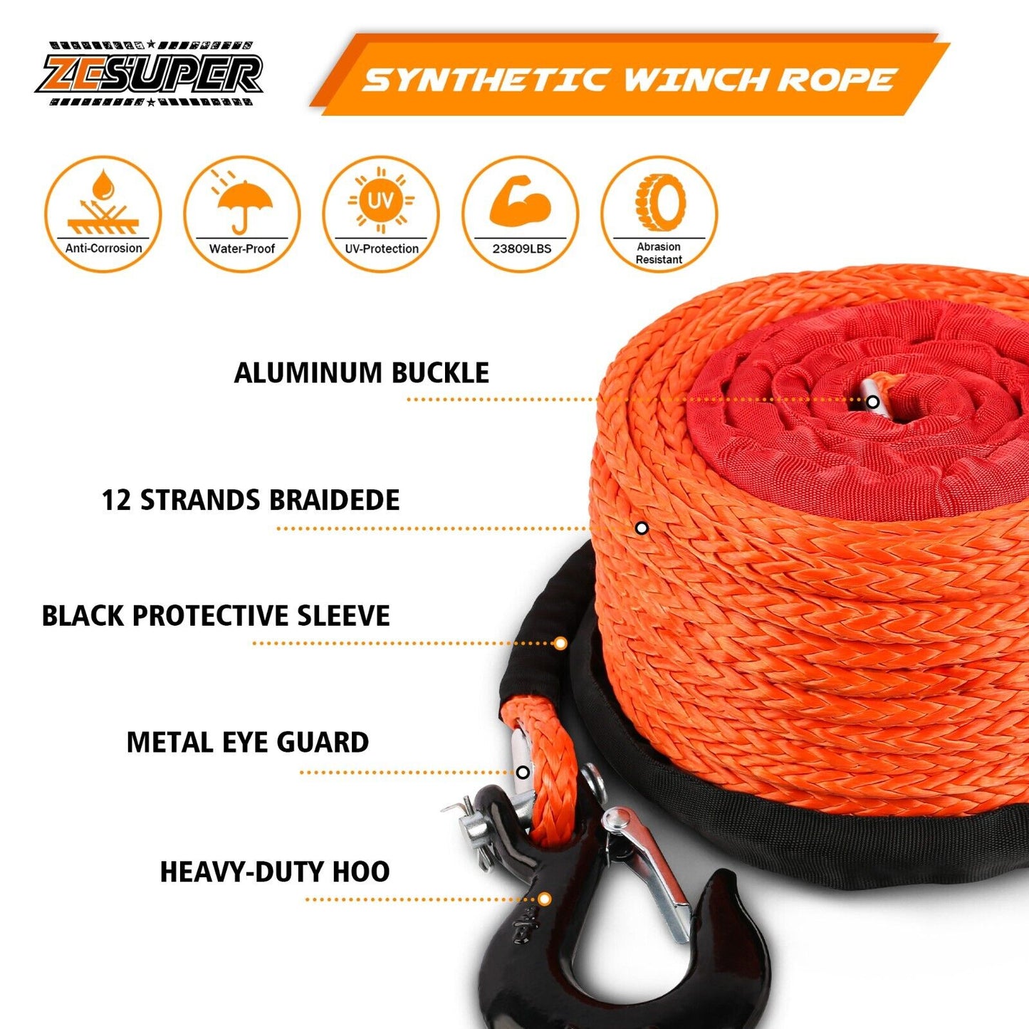 Synthetic Winch Rope 9.5MM X 30M Dyneema with Hook