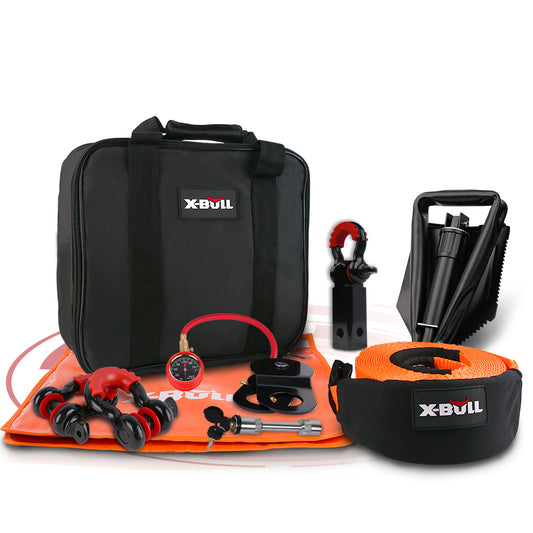 X-BULL Recovery Kit 3 - Tow Strap, D Shackles, Snatch Block, Winch Dampener, Shovel, Tyre Deflator, Hitch Receiver